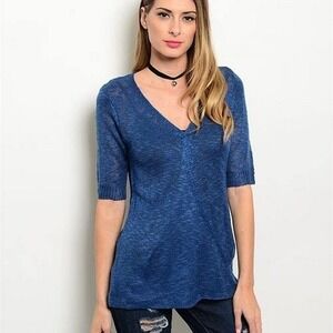 Very J Women Blue Marled V-Neck Lightweight Knit Wrap Front Sweater Top Small
